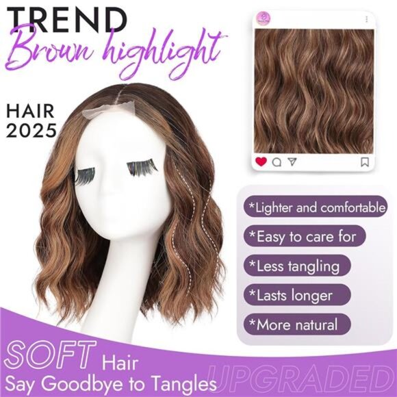 Brown Highlight Short Wavy Wig for Women Lace Hairline Bob Style Synthetic Heat - Picture 2 of 7